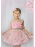 Pink Flowers Embroidered Tulle Keyhole Back Flower Girl Dress Pink Flowers Embroidered Tulle Keyhole Back Flower Girl Dress